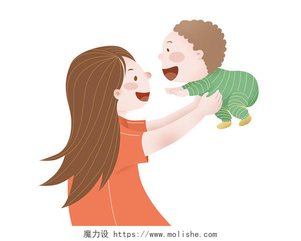 彩色手绘卡通妈妈抱宝宝母亲节人物元素PNG素材